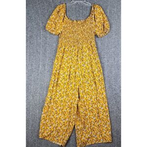 Magnolia Skye Jumpsuit Women Large Yellow Floral Smocked Puff Sleeve Wide Leg